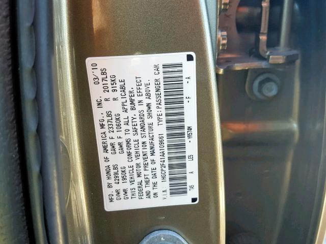 1HGCP2F41AA109661 - 2010 HONDA ACCORD LXP GOLD photo 10