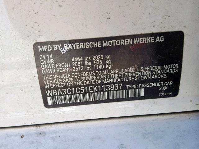 WBA3C1C51EK113837 - 2014 BMW 328 I SULE WHITE photo 10