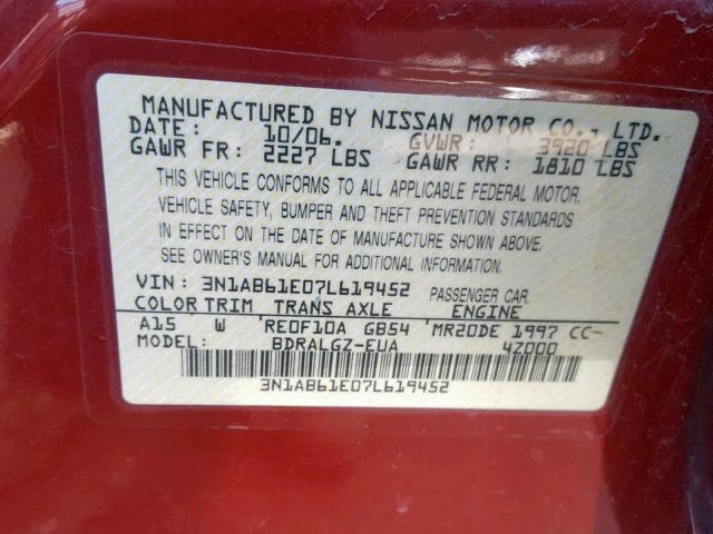 3N1AB61E07L619452 - 2007 NISSAN SENTRA 2.0 RED photo 10