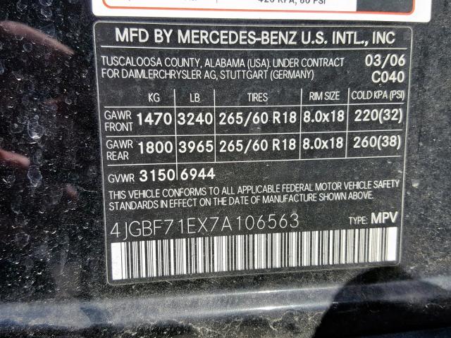 4JGBF71EX7A106563 - 2007 MERCEDES-BENZ GL 450 4MA BLACK photo 10