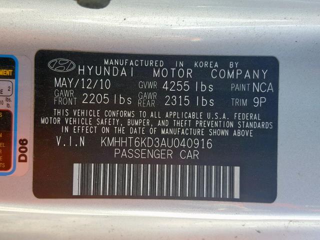 KMHHT6KD3AU040916 - 2010 HYUNDAI GENESIS CO SILVER photo 10