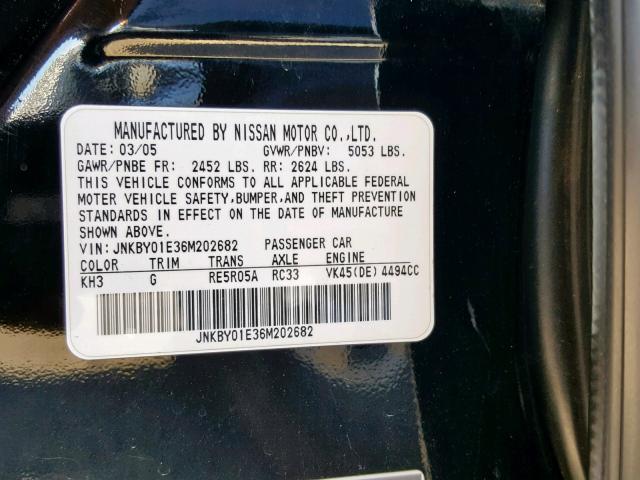 JNKBY01E36M202682 - 2006 INFINITI M45 BASE BLACK photo 10