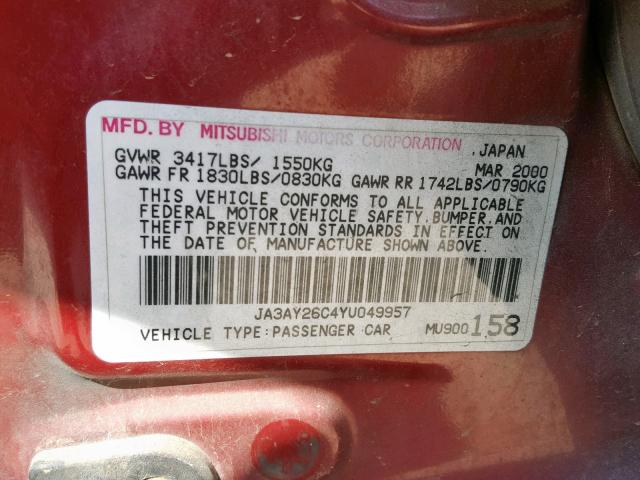 JA3AY26C4YU049957 - 2000 MITSUBISHI MIRAGE DE RED photo 10