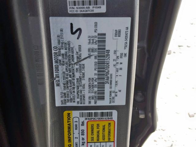 3FA6P0G70DR152848 - 2013 FORD FUSION S GRAY photo 10