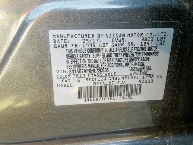 3N1AB7APXHL720636 - 2017 NISSAN SENTRA S GRAY photo 10