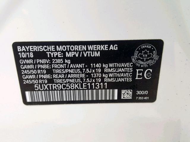 5UXTR9C58KLE11311 - 2019 BMW X3 XDRIVE3 WHITE photo 10
