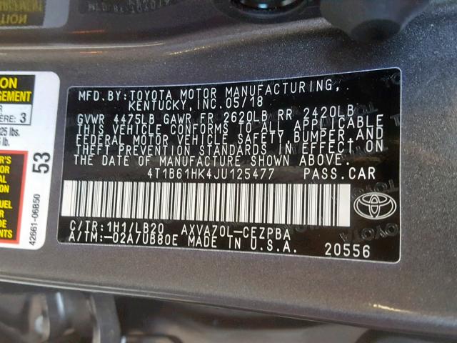 4T1B61HK4JU125477 - 2018 TOYOTA CAMRY XSE GRAY photo 10