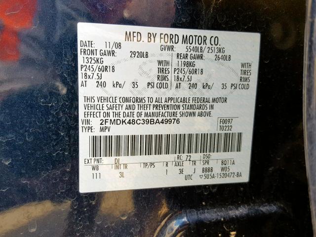 2FMDK48C39BA49976 - 2009 FORD EDGE SEL BLACK photo 10