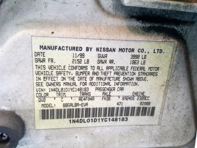 1N4DL01D1YC148183 - 2000 NISSAN ALTIMA XE WHITE photo 10