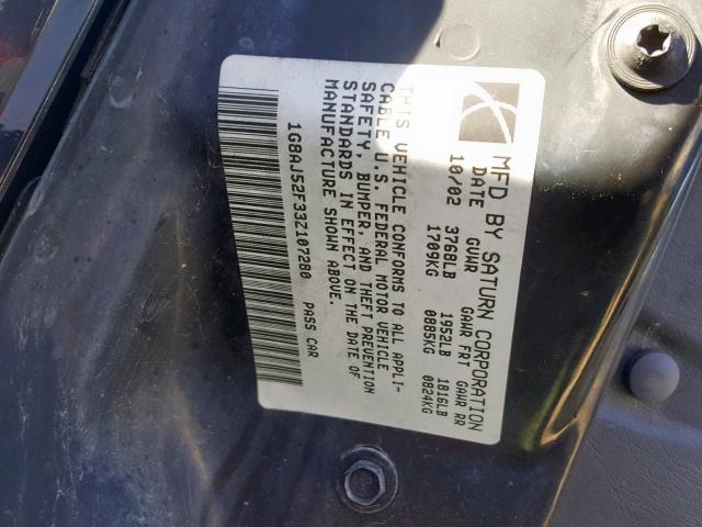 1G8AJ52F33Z107280 - 2003 SATURN ION LEVEL BLACK photo 10