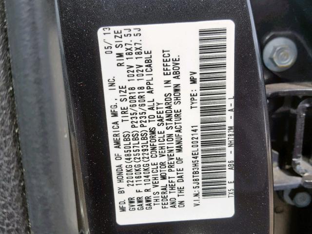 5J8TB3H54EL002141 - 2014 ACURA RDX TECHNO GRAY photo 10