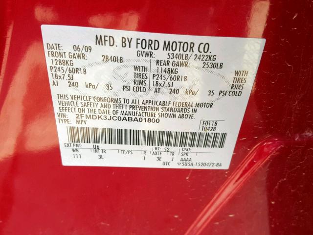 2FMDK3JC0ABA01800 - 2010 FORD EDGE SEL BURGUNDY photo 10