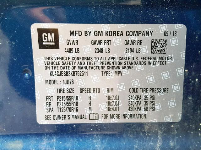 KL4CJESB3KB752511 - 2019 BUICK ENCORE PRE BLUE photo 10