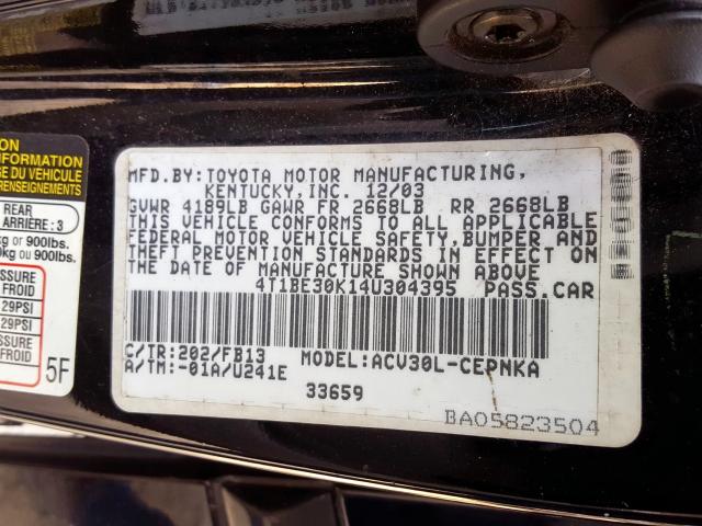 4T1BE30K14U304395 - 2004 TOYOTA CAMRY LE  photo 10