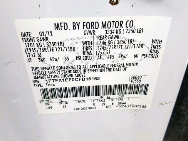 1FTFX1EF0CFB16163 - 2012 FORD F150 SUPER WHITE photo 10