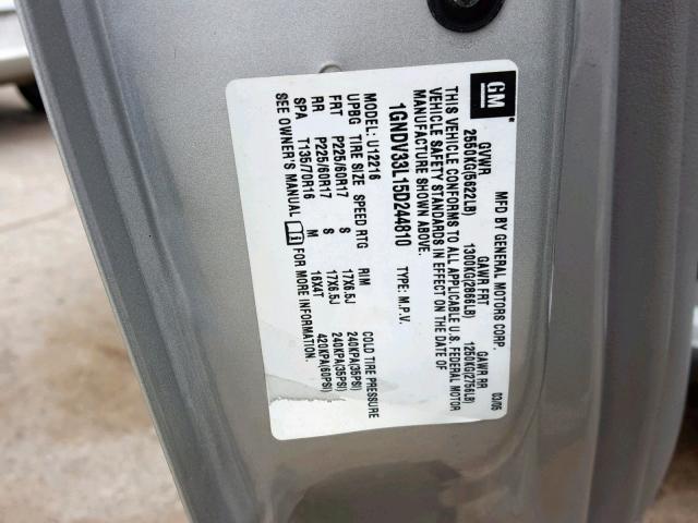 1GNDV33L15D244810 - 2005 CHEVROLET UPLANDER L 银色 照片 10