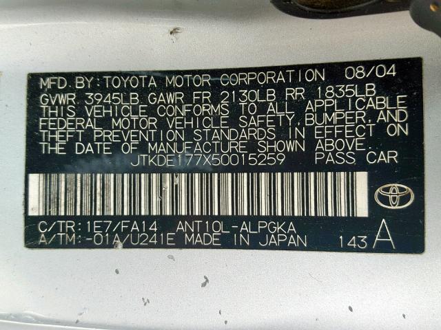 JTKDE177X50015259 - 2005 TOYOTA SCION TC ვერცხლისფერი ფოტო 10