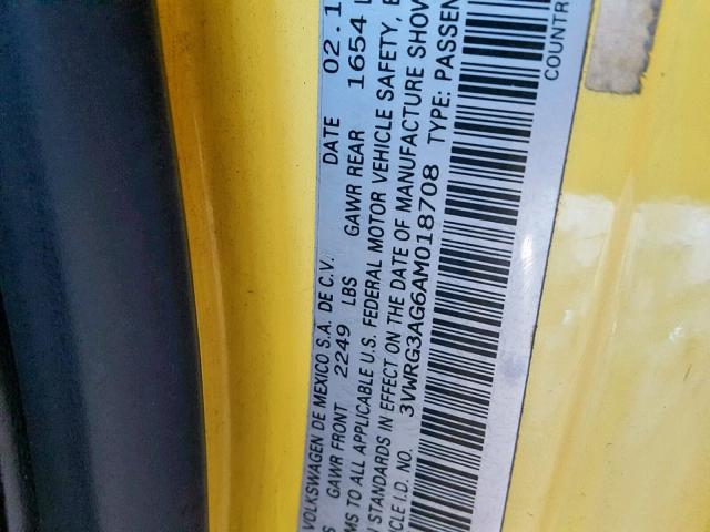 3VWRG3AG6AM018708 - 2010 VOLKSWAGEN NEW BEETLE YELLOW photo 10