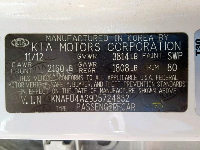 KNAFU4A29D5724832 - 2013 KIA FORTE EX WHITE photo 10