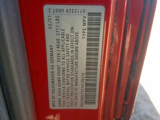 WV2MB47031H125216 - 2001 VOLKSWAGEN EUROVAN MV RED photo 10