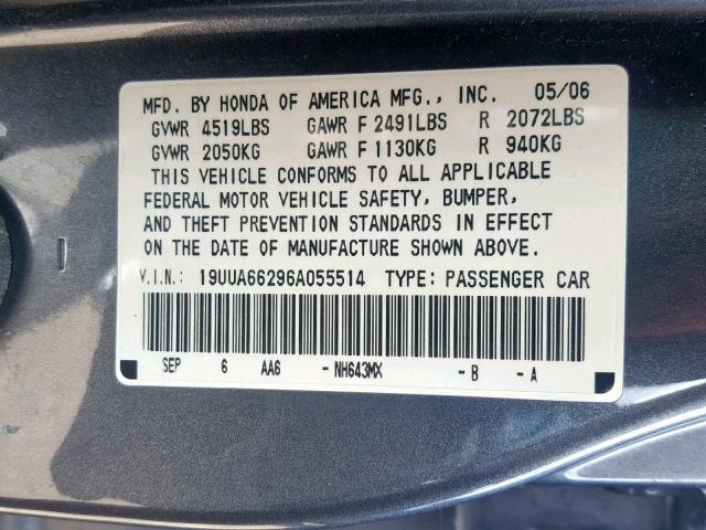 19UUA66296A055514 - 2006 ACURA 3.2TL GRAY photo 10