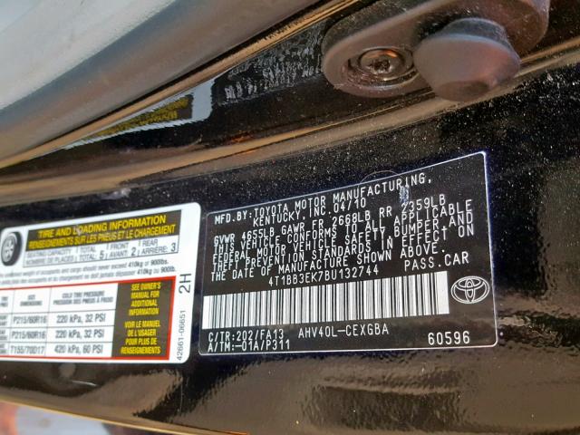 4T1BB3EK7BU132744 - 2011 TOYOTA CAMRY HYBR BLACK photo 10