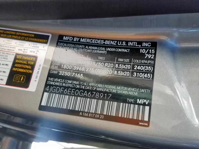 4JGDF6EE0GA678917 - 2016 MERCEDES-BENZ GL 450 4MA SILVER photo 10