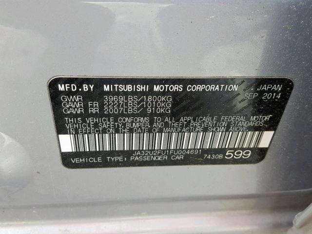 JA32U2FU1FU004691 - 2015 MITSUBISHI LANCER ES SILVER photo 10