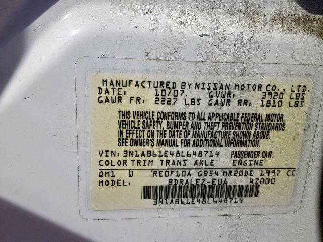 3N1AB61E48L648714 - 2008 NISSAN SENTRA 2.0 WHITE photo 10