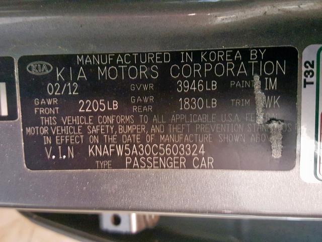 KNAFW5A30C5603324 - 2012 KIA FORTE SX GRAY photo 10