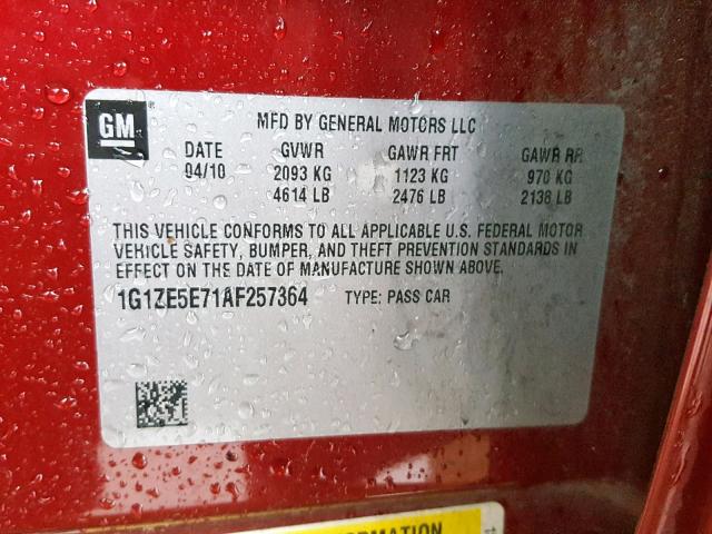 1G1ZE5E71AF257364 - 2010 CHEVROLET MALIBU LTZ წითელი ფოტო 10