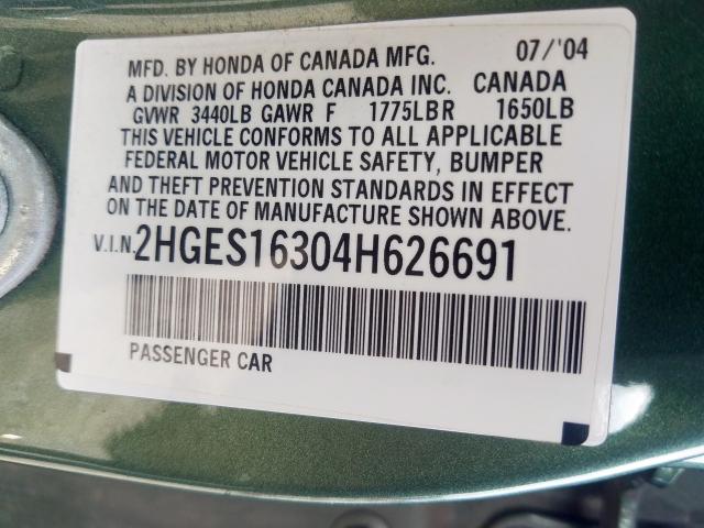 2HGES16304H626691 - 2004 HONDA CIVIC DX VP  photo 10