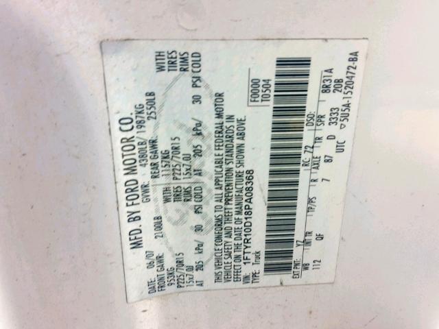 1FTYR10D18PA08368 - 2008 FORD RANGER WHITE photo 10