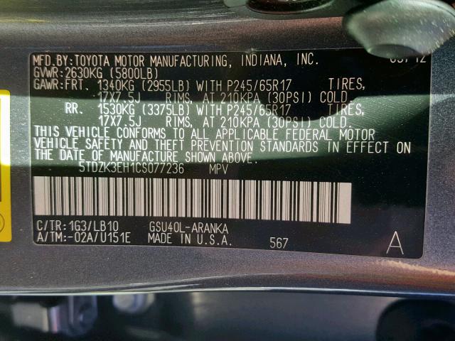 5TDZK3EH1CS077236 - 2012 TOYOTA HIGHLANDER GRAY photo 10