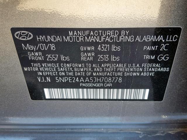 5NPE24AA5JH708778 - 2018 HYUNDAI SONATA ECO CHARCOAL photo 10