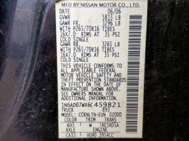 1N6AD07WX6C459821 - 2006 NISSAN FRONTIER C BLACK photo 10