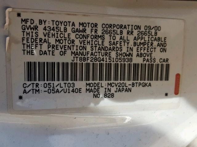 JT8BF28G415105938 - 2001 LEXUS ES 300 TAN photo 10