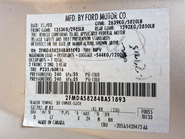 2FMDA58284BA51893 - 2004 FORD FREESTAR L BEIGE photo 10