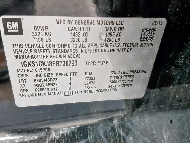 1GKS1CKJ8FR730793 - 2015 GMC YUKON DENA BLACK photo 10