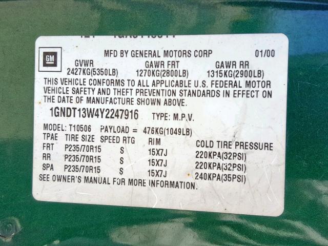 1GNDT13W4Y2247916 - 2000 CHEVROLET BLAZER GREEN photo 10