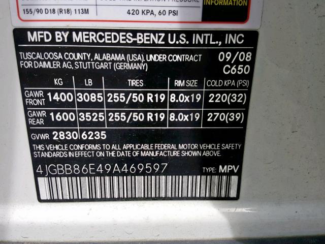 4JGBB86E49A469597 - 2009 MERCEDES-BENZ ML 350 WHITE photo 10