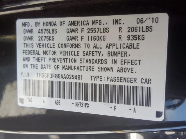 1HGCP3F86AA029491 - 2010 HONDA ACCORD EXL  photo 10