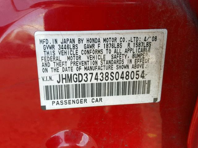 JHMGD37438S048054 - 2008 HONDA FIT RED photo 10