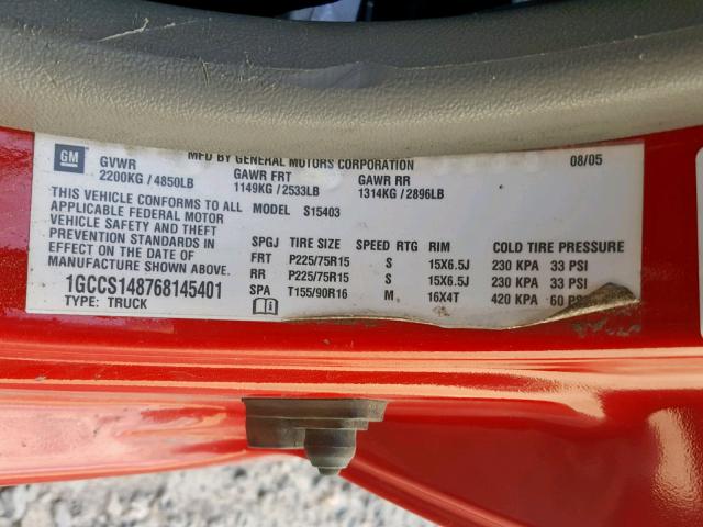 1GCCS148768145401 - 2006 CHEVROLET COLORADO RED photo 10