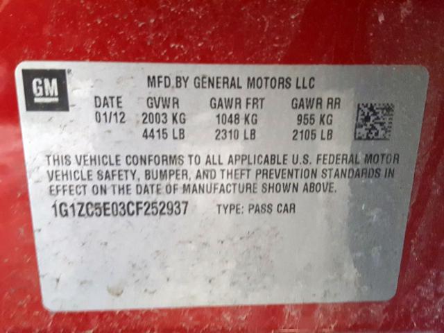 1G1ZC5E03CF252937 - 2012 CHEVROLET MALIBU 1LT  照片 10