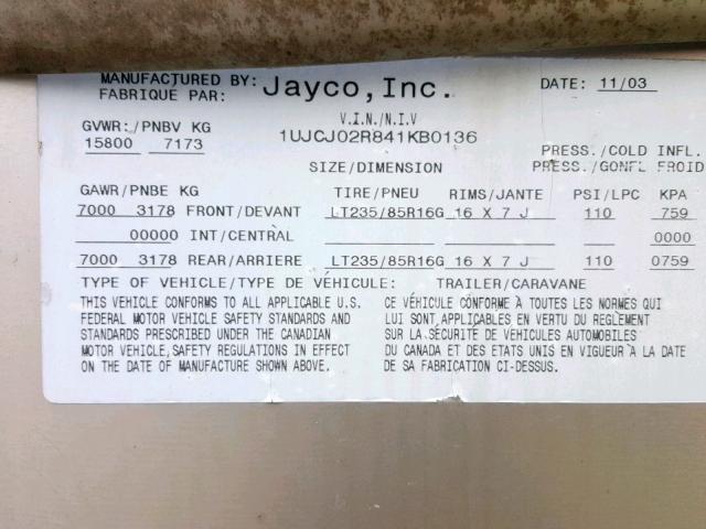 1UJCJ02R841KB0136 - 2004 JAYCO 5TH WHEEL WHITE photo 10