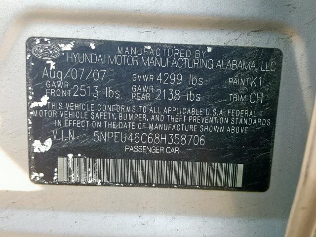 5NPEU46C68H358706 - 2008 HYUNDAI SONATA SE GRAY photo 10