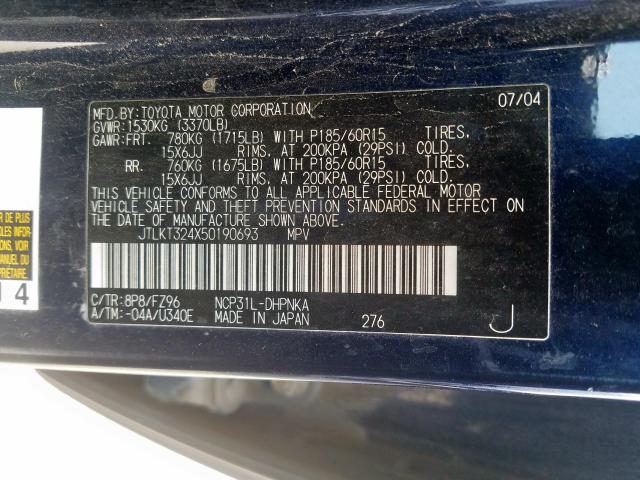 JTLKT324X50190693 - 2005 TOYOTA SCION XB  Foto 10