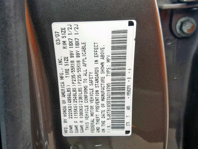 5J8TB18587A019785 - 2007 ACURA RDX TECHNO GRAY photo 10