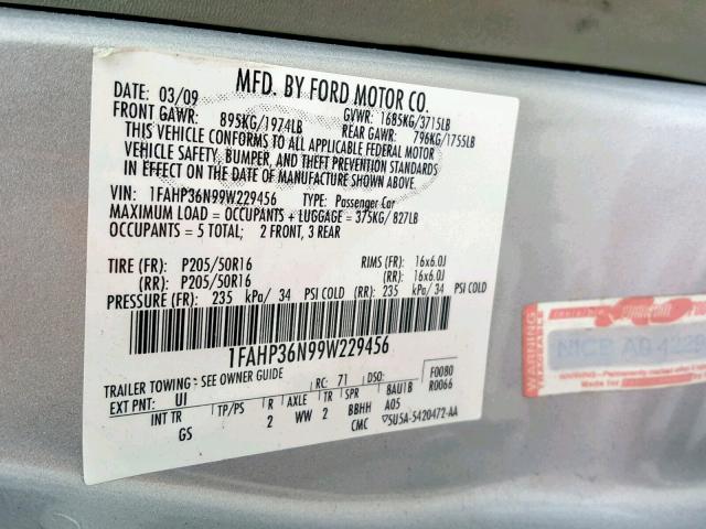 1FAHP36N99W229456 - 2009 FORD FOCUS SES SILVER photo 10